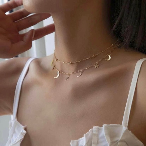 Jewelry - 18K Gold Plated Moon Star Charm Necklace Layering Chain Choker for Women